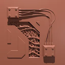 Hard-surface sculpted details on 3D model using Wire Greebles brush for Blender sculpting.