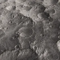 "Highly detailed Moon surface tileable terrain with displacement map for Blender 3D. This 2x2km landscape features contours, mesa plateau, and stunning blue moon ray tracing. Perfect for realistic and accurate 3D renders."