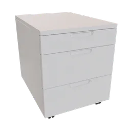 "White desk storage with three drawers, 3D model for Blender 3D, perfect for an office scene."