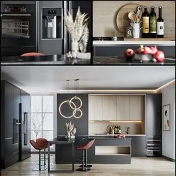 Detailed 3D model of a modern kitchen with appliances and decorations, rendered in Blender.