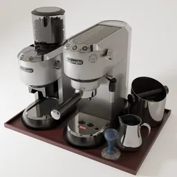 Highly detailed Blender 3D model of a modern espresso machine with accessories on a tray.