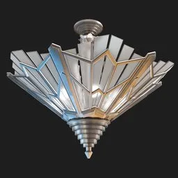 Detailed 3D model of a geometric Art Deco ceiling lamp with metallic finish for Blender rendering.