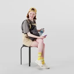 3D model of a smiling, seated female figure with beige cap, casual attire, holding a phone and water bottle, designed in Blender.