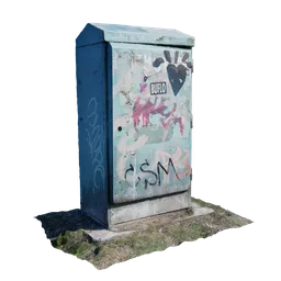 "Outdoor communications cabinet 3D model for Blender 3D - featuring an old utility box with graffiti, surrounded by grass. Includes normal, roughness, and color maps. Perfect for industrialpunk and urban-themed renders."