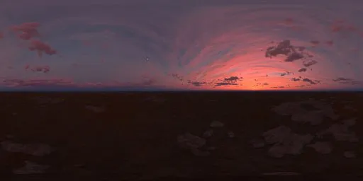 Terragen rendered cirrostratus clouds with red sky at nightfall, diffuse shadows, and a purple tint for scene lighting.