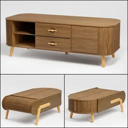 "Highly detailed 3D model of a wooden coffee table with drawers and a shelf, inspired by Hiroshi Nagai's unique illustration style. This Blender 3D model features a hexagonal pattern, cel-shaded images, and a female model, offering a touch of elegance to your virtual environment. Incorporating Tesla furniture front design, this versatile TV table adds a stylish touch to any digital scene."
