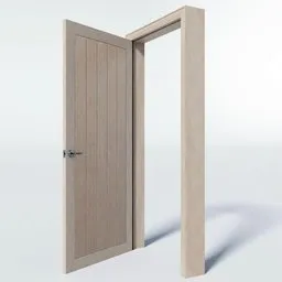 Detailed 3D model of an open pale wood interior door with frame, suitable for Blender, featuring a realistic design and textures.