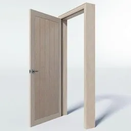 "Interior door and frame 3D model for Blender 3D. Pale wood with rotating door and handle. Realistic design with steel joint and proportional dimensions."