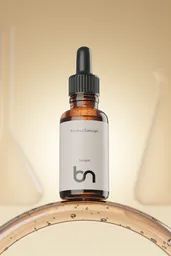 Realistic 3D model of a serum dropper bottle with lab glassware, rendered in Blender with beige backdrop.