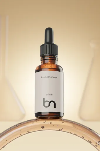 Realistic 3D model of a serum dropper bottle with lab glassware, rendered in Blender with beige backdrop.