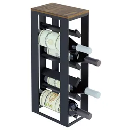 3D rendered metal wine rack with wooden top, designed for Blender software visualization.