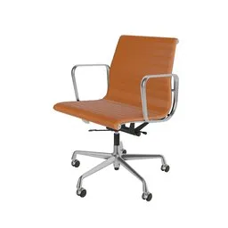 Detailed 3D rendering of an orange office chair with chrome armrests and base, compatible with Blender.