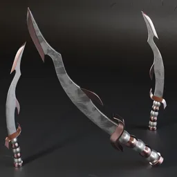 3D model of a low-poly, metallic curved sword, optimized for Blender with high-quality materials, ideal for war games.