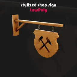3D modeled medieval wooden sign with tools symbol, optimised for Blender, ideal for game asset.