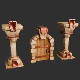 Historical 3D door model with two ornate columns for game design and motion graphics, created in Blender.