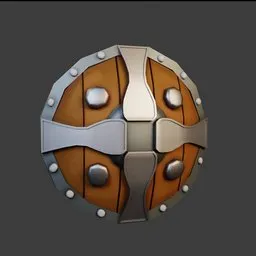 "3D model of a historic military shield with a cross design, inspired by clash royale and Goro Fujita, featuring floating spheres and shapes. The shield is depicted in leather armor and adorned with round doors and the painting of a health potion. Created using Blender 3D software."