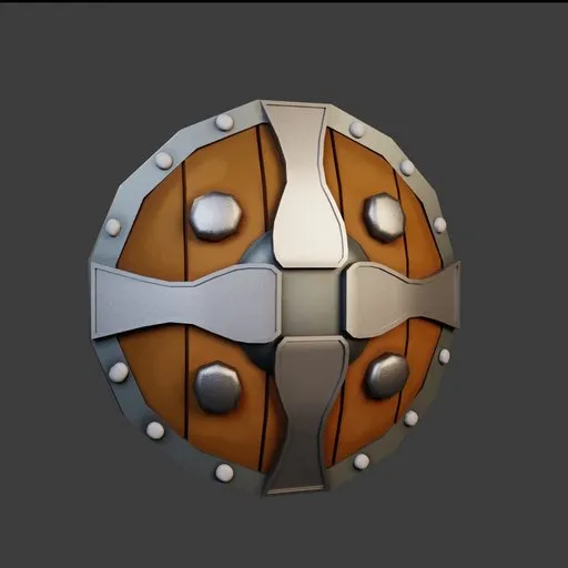Detailed 3D model of an ancient shield with metal and leather textures for Blender artists.