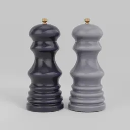Detailed 3D model of black and grey salt and pepper grinders for Blender-rendered kitchen accessories.