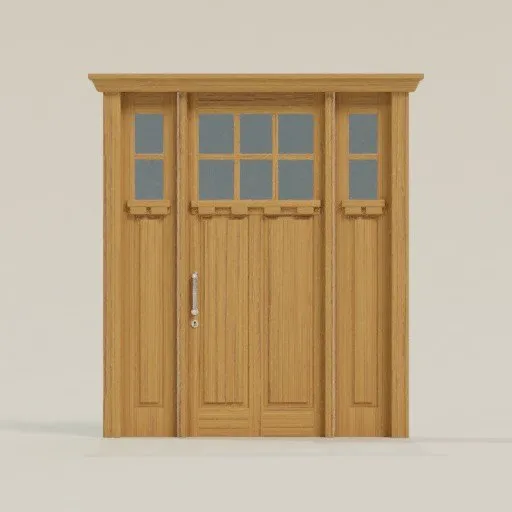Detailed wooden 3D model door with glass panels optimized for Blender rendering.
