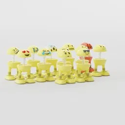 "Explore a collection of yellow toy animals, stools, emoticons and a realistic robot in this 3D model set titled Emojis, rendered with Cinema4D. The set also includes a skeleton and an artwork by Niko Henrichon, featured on trending platforms like Artstation, Artforum and more. Get high-quality 8K prints and protect your online SEO as you download this Blender 3D model today."