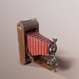 Detailed realistic 3D render of a vintage bellows camera model optimized for Blender.