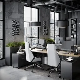 Detailed 3D rendering of a modern office interior with elegant furnishings and dynamic lighting.