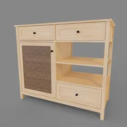 "Maple wood chest of drawers with a single door and drawers, designed in Blender 3D, inspired by Henry Lamb and featuring a matt finish. Perfect for adding a touch of sophistication to your 3D scenes."