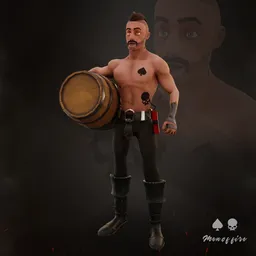 "Stylized full-body rigged 3D character model for Blender 3D with a bearded and mustached man holding a barrel. Inspired by Jan Kupecký, this high-detail model features a red mohawk hairstyle, black crown, and is ready for animation. Perfect for creating British gang member or ace of spades inspired scenes."