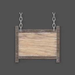 Highly detailed wooden building sign 3D model with metal chains for Blender rendering.