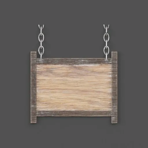 Highly detailed wooden building sign 3D model with metal chains for Blender rendering.