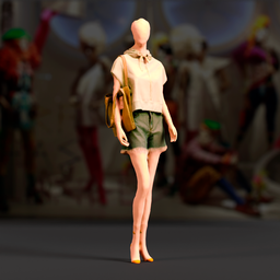 "3D model of a woman's clothing store mannequin for Blender 3D. This sculpture features an araffe mannequin dressed in a white shirt and green skirt, holding a purse and wearing shoes. Perfect for creating realistic storefront displays in Blender 3D."