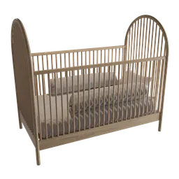 Detailed 3D model of a wooden baby crib, suitable for Blender 3D rendering and kids' furniture scenes.