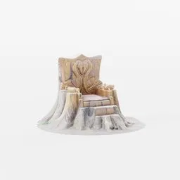 Detailed 3D model of a carved wooden stump seat with swan design for Blender rendering.