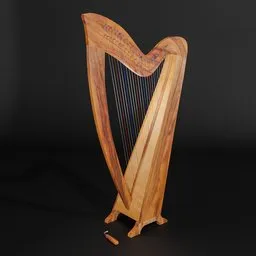 Detailed 3D Celtic harp model with tiger wood texture, pear wood elements, and string tension lever.