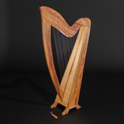 "3D model of a Celtic harp made of Goncalo alves tiger wood and pear wood for Blender 3D. Comes with a harp string tensioning lever for realistic staging. Perfect for medieval enthusiasts and music instrument modeling."