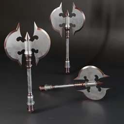 Detailed low poly ax 3D model with high-quality metal textures, ideal for war game design and Blender projects.