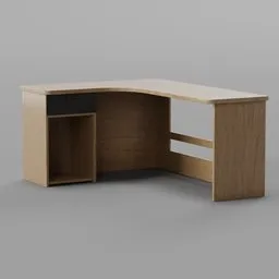 Detailed 3D model of a modern corner desk with shelving, optimized for Blender.