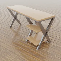 "Minimalistic wooden table with shelf, perfect for use in Blender 3D. Inspired by Kuroda Seiki, this manly design features floor grills and a tripod, with a laptop on the desk. Cycles and Game compatible, and available for free download."