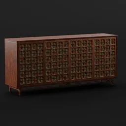 "Bronze, wood, glass, and rubber Astral Four-Door Buffet 3D model with grunge glass accents, perfect for elegant occasions. 39"H x 85"W x 20"D. Created with Blender 3D software."
