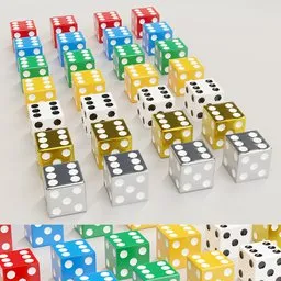 Array of colorful low poly dice models, Blender 3D render, quad topology, UV unwrapped, suitable for subdivision.
