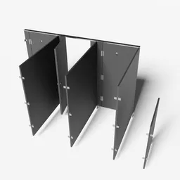 "Modular ablution wall units in black metal with sleek cubicles and articulated joints. Ideal for male and female restrooms or ablution facilities. Award-winning design in Blender 3D."