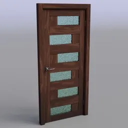 Realistic 3D model of a textured wooden door with glass panels, designed for architectural visualization in Blender.