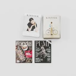 "3D model of a magazine pile decoration with fashion, food, and architecture magazines. Rendered in Blender 3D software. Includes Toiletpaper Magazine, Unsplash Photography, and Funtime Corporation branding."