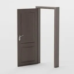 "Interior Door and Frame #2: A realistic 3D model of a dark brown wooden door with a frame, designed for Blender 3D software. The door can easily be rotated to open and close."
