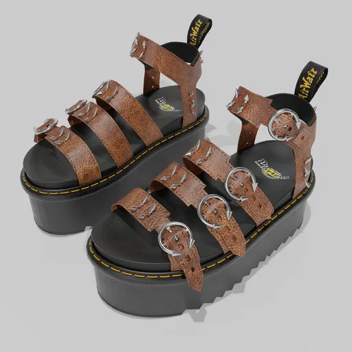Detailed 3D render of platform sandals with metal rings and classic stitching, for Blender 3D projects.
