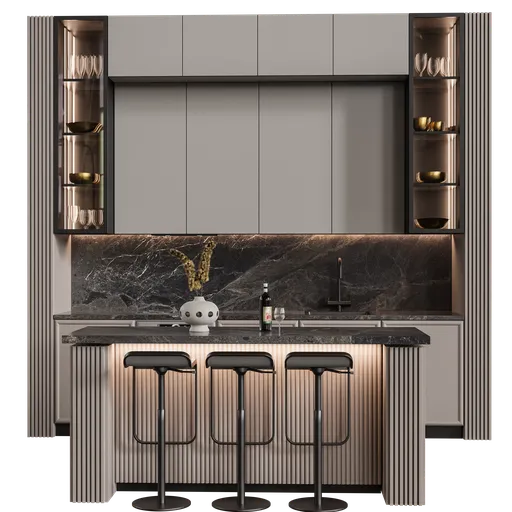 Detailed 3D model of a modern kitchen island with bar stools, designed in Blender with high-res textures.