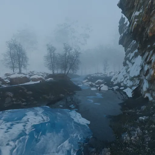 Foggy Frozen River Canyon Scene