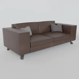 "Brown leather sofa with two grey throw pillows - a modern and firm 3D model for Blender 3D. Perfect for creating realistic living room scenes with muted colour palettes and accent lighting, as seen in the Vue 3D render. Upper torso included for added detail."