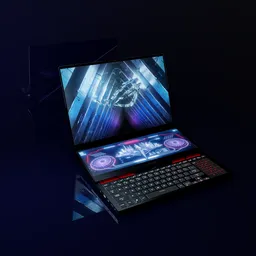 Detailed Blender 3.6 rendering of a high-end gaming laptop with dual screens and backlit keyboard.