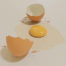 "3D model of a broken egg with yolk and protein on a table. Realistically rendered using Octane renderer in Blender 3D software. Perfect for food and natural disaster themed projects."